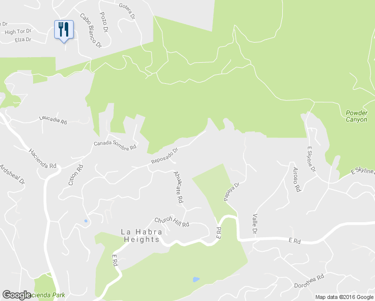 map of restaurants, bars, coffee shops, grocery stores, and more near 918 Reposado Drive in La Habra Heights