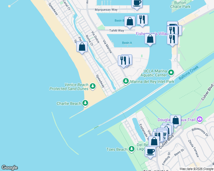 map of restaurants, bars, coffee shops, grocery stores, and more near 30 Voyage Street in Marina del Rey