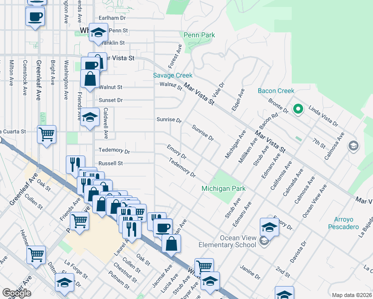 map of restaurants, bars, coffee shops, grocery stores, and more near 13922 Williams Way in Whittier