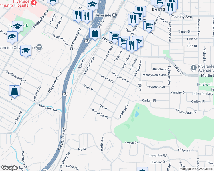 map of restaurants, bars, coffee shops, grocery stores, and more near 2855 Cridge Street in Riverside