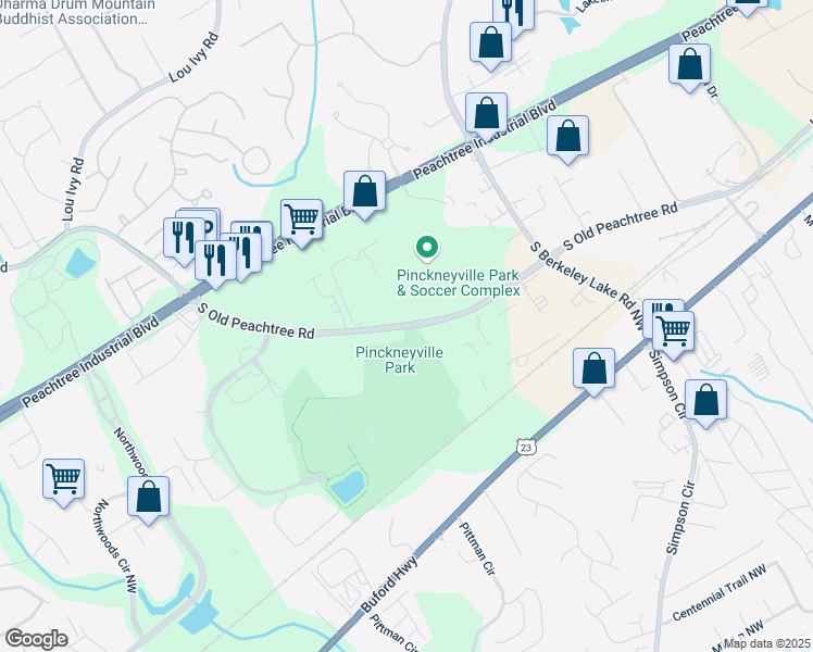 map of restaurants, bars, coffee shops, grocery stores, and more near 4648 South Old Peachtree Road in Norcross