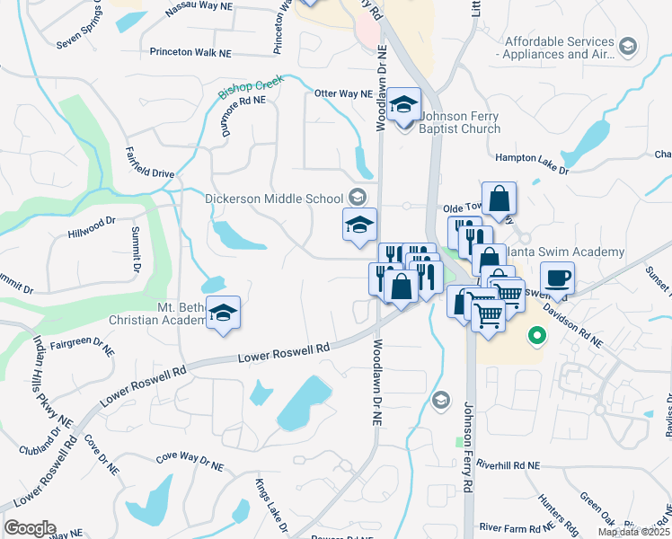 map of restaurants, bars, coffee shops, grocery stores, and more near 4521 Parkcrest Court Northeast in Marietta