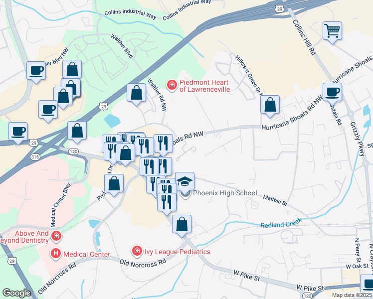 map of restaurants, bars, coffee shops, grocery stores, and more near 370 Hurricane Shoals Road Northwest in Lawrenceville