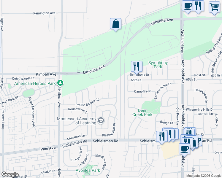 map of restaurants, bars, coffee shops, grocery stores, and more near 6658 Bright Gem Court in Corona