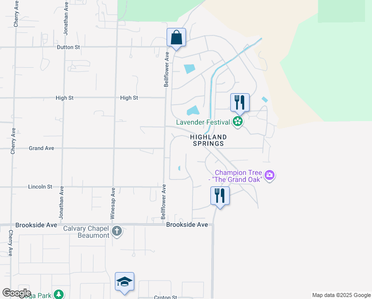 map of restaurants, bars, coffee shops, grocery stores, and more near 10545 Bel Air Drive in Cherry Valley