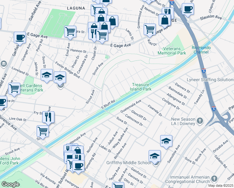 map of restaurants, bars, coffee shops, grocery stores, and more near 7313 Cleargrove Drive in Downey