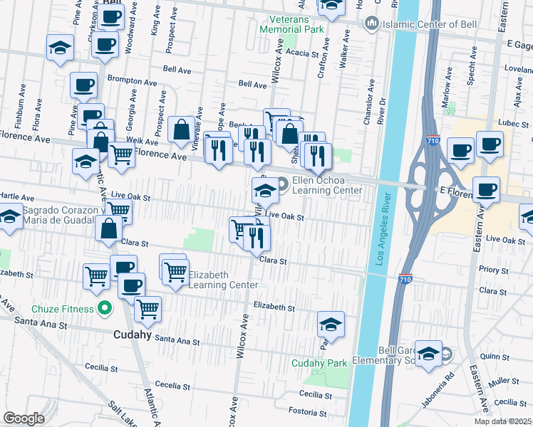 map of restaurants, bars, coffee shops, grocery stores, and more near 5027 Live Oak Street in Cudahy