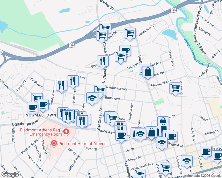 map of restaurants, bars, coffee shops, grocery stores, and more near 380 Nantahala Avenue in Athens