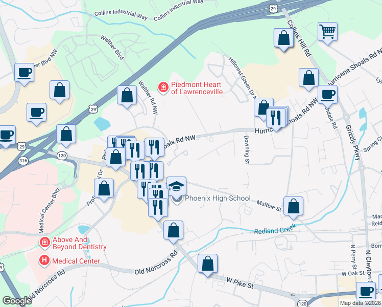 map of restaurants, bars, coffee shops, grocery stores, and more near 610 Bridge Way in Lawrenceville