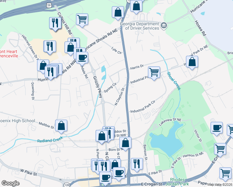 map of restaurants, bars, coffee shops, grocery stores, and more near 387 Spring Walk Trace in Lawrenceville