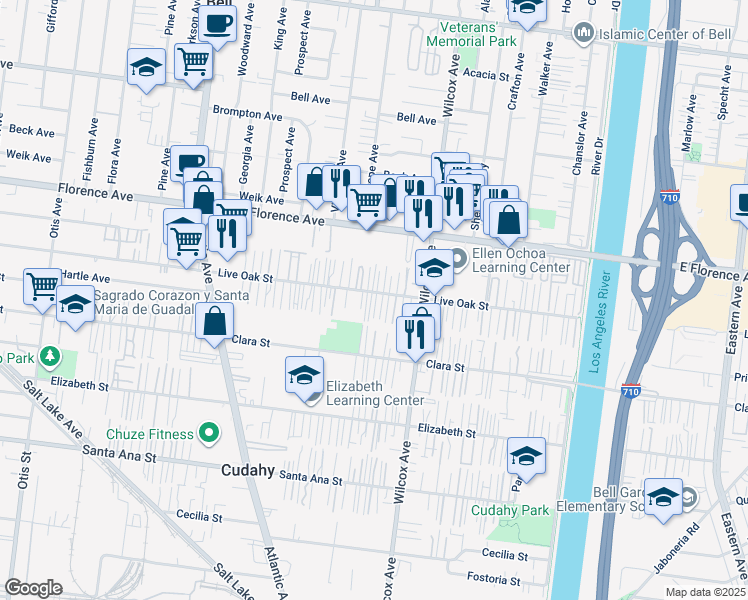 map of restaurants, bars, coffee shops, grocery stores, and more near 4858 Live Oak Street in Cudahy