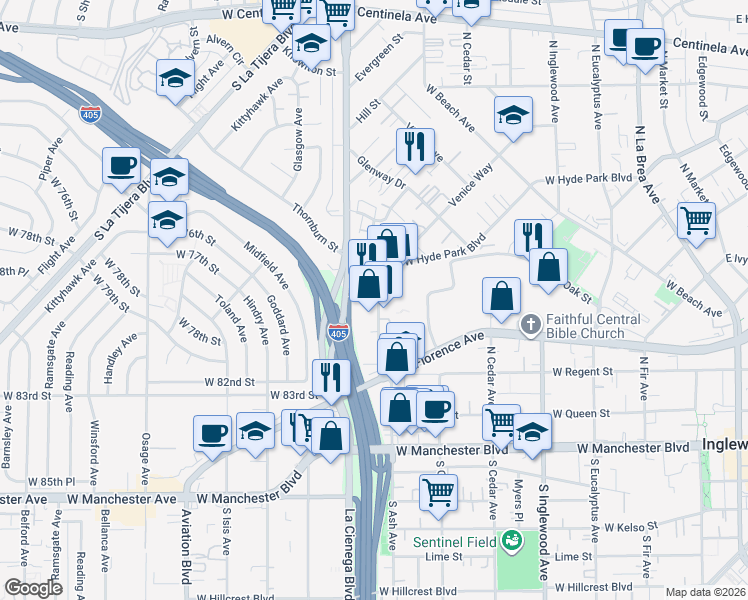map of restaurants, bars, coffee shops, grocery stores, and more near 702 Vesta Street in Inglewood
