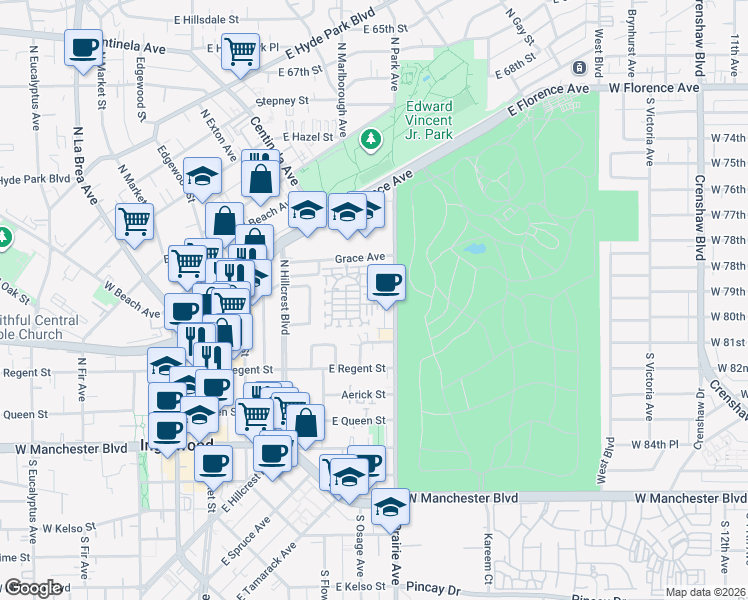 map of restaurants, bars, coffee shops, grocery stores, and more near 333 North Prairie Avenue in Inglewood
