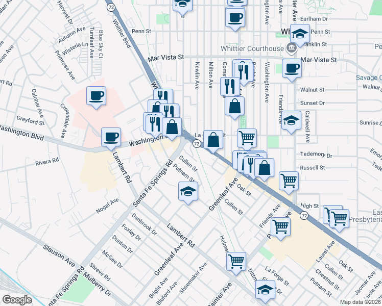 map of restaurants, bars, coffee shops, grocery stores, and more near 8016 Santa Fe Springs Road in Whittier