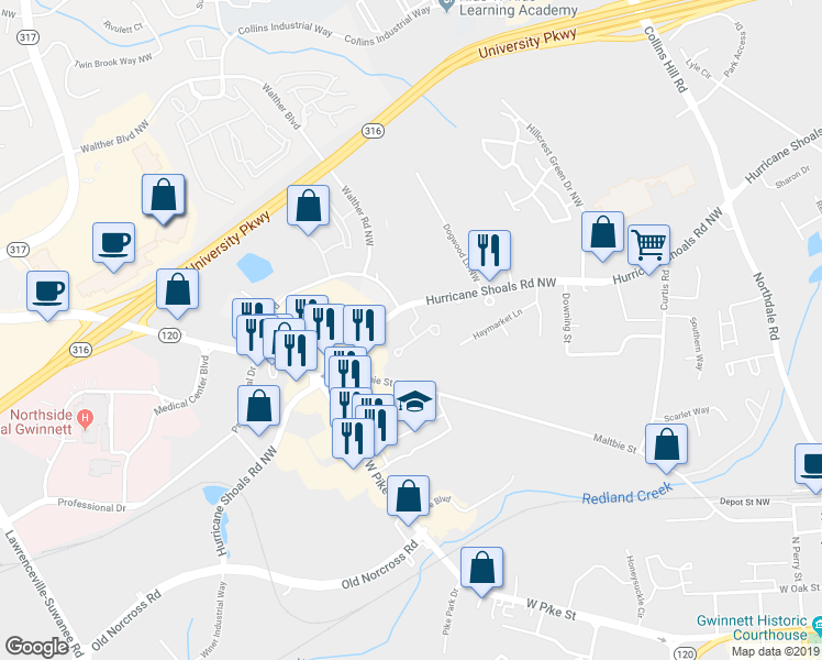 map of restaurants, bars, coffee shops, grocery stores, and more near 516 Bridge Way in Lawrenceville