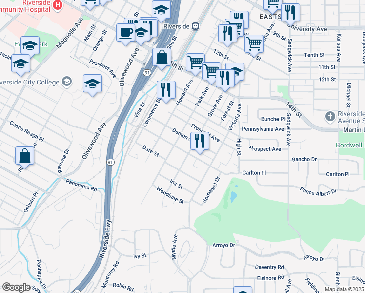 map of restaurants, bars, coffee shops, grocery stores, and more near 2855 Cridge Street in Riverside