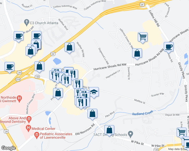 map of restaurants, bars, coffee shops, grocery stores, and more near 408 Bridge Way in Lawrenceville