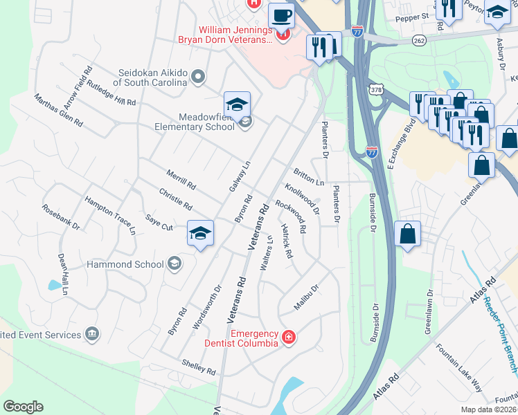 map of restaurants, bars, coffee shops, grocery stores, and more near 545 Rockwood Road in Columbia