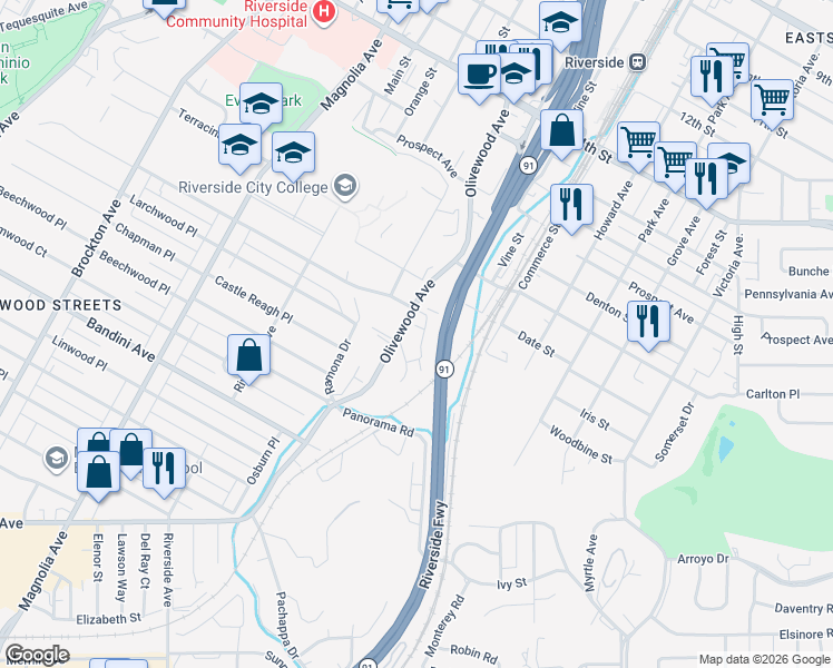 map of restaurants, bars, coffee shops, grocery stores, and more near 4971 Brooks Street in Riverside