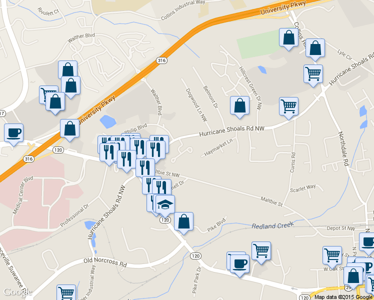 map of restaurants, bars, coffee shops, grocery stores, and more near 503 Bridge Way in Lawrenceville