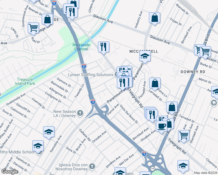map of restaurants, bars, coffee shops, grocery stores, and more near 8560 Lowman Avenue in Downey