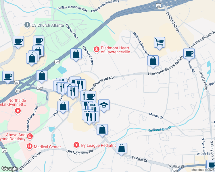 map of restaurants, bars, coffee shops, grocery stores, and more near 509 Bridge Way in Lawrenceville