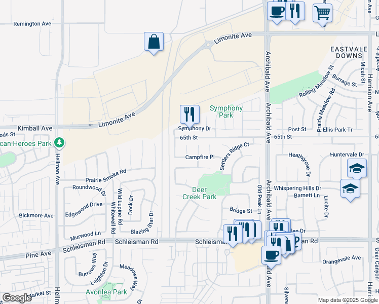 map of restaurants, bars, coffee shops, grocery stores, and more near 6674 Ashford Mill Court in Corona