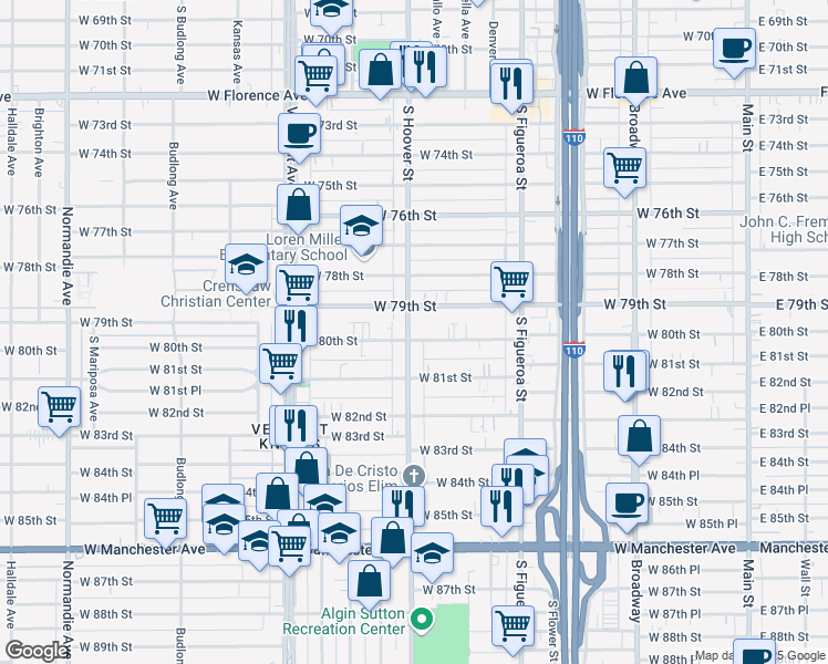 map of restaurants, bars, coffee shops, grocery stores, and more near 731 West 80th Street in Los Angeles