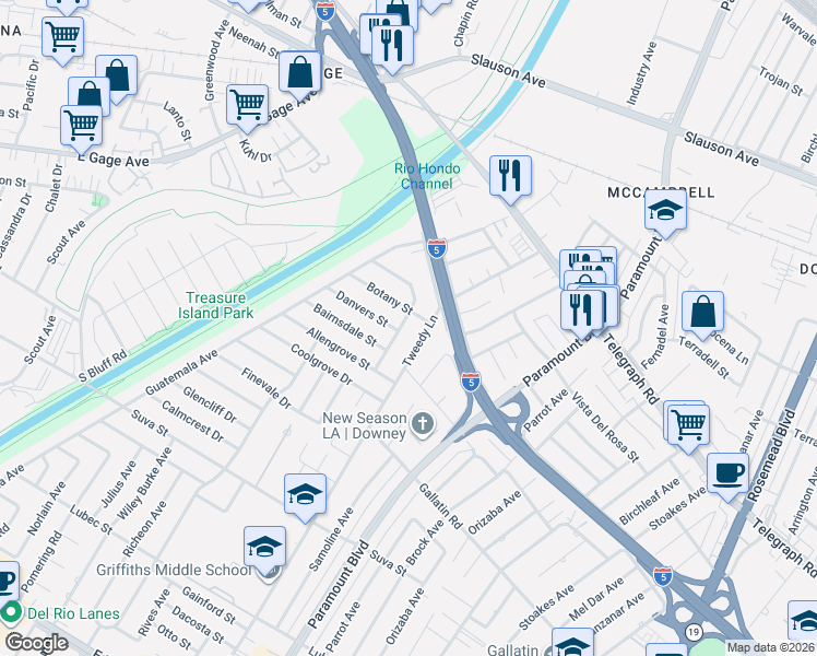 map of restaurants, bars, coffee shops, grocery stores, and more near 7826 Botany Street in Downey