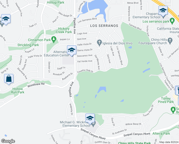 map of restaurants, bars, coffee shops, grocery stores, and more near 15757 Country Club Drive in Chino Hills