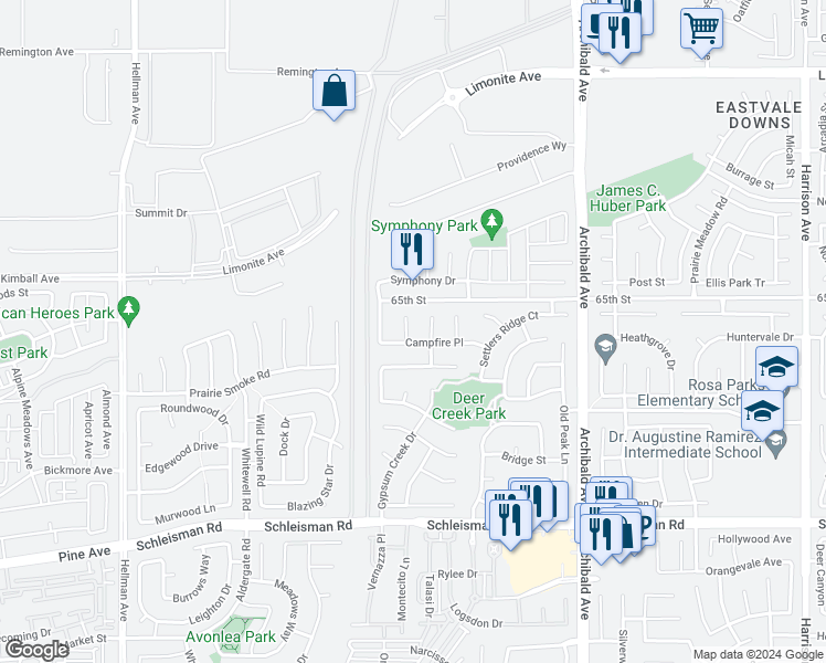 map of restaurants, bars, coffee shops, grocery stores, and more near 6674 Ashford Mill Court in Corona