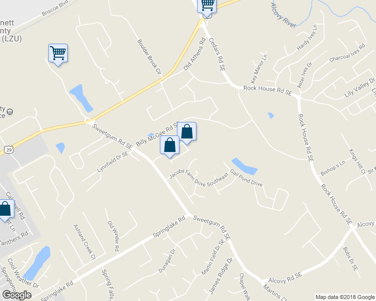 map of restaurants, bars, coffee shops, grocery stores, and more near Wallace Hill Ridge Southeast in Lawrenceville