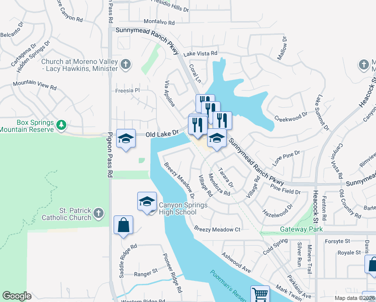 map of restaurants, bars, coffee shops, grocery stores, and more near 23362 Stony Creek Way in Moreno Valley