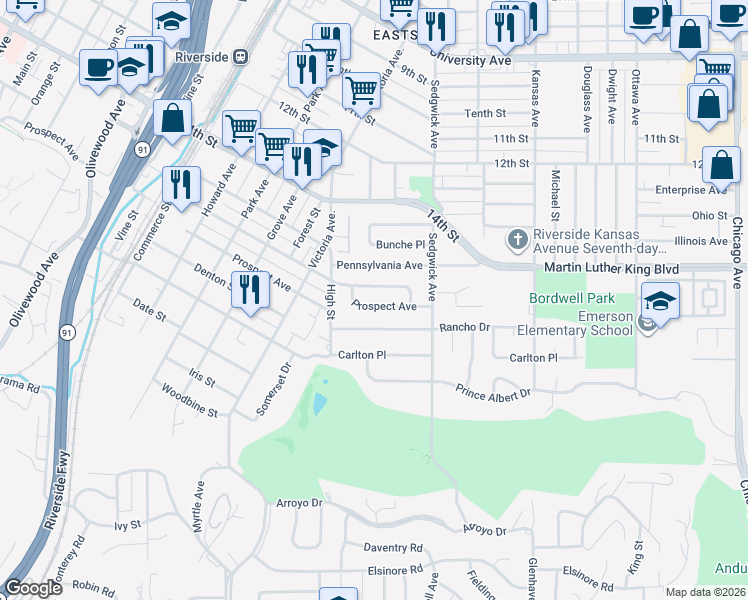 map of restaurants, bars, coffee shops, grocery stores, and more near 2538 Pleasant Street in Riverside