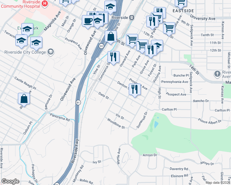 map of restaurants, bars, coffee shops, grocery stores, and more near 2943 Cridge Street in Riverside