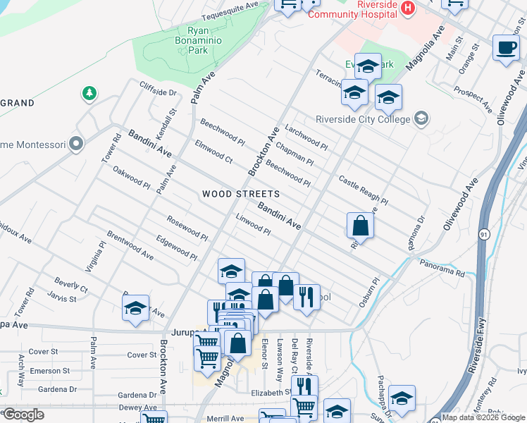 map of restaurants, bars, coffee shops, grocery stores, and more near 3956 Elmwood Court in Riverside