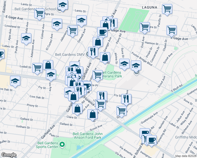 map of restaurants, bars, coffee shops, grocery stores, and more near 7029 Perry Road in Bell Gardens