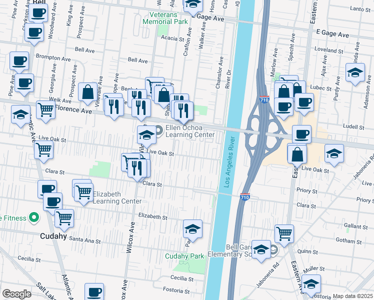 map of restaurants, bars, coffee shops, grocery stores, and more near 5149 Live Oak Street in Cudahy