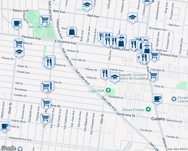 map of restaurants, bars, coffee shops, grocery stores, and more near 4008 Flower Street in Cudahy