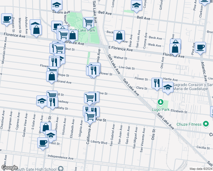 map of restaurants, bars, coffee shops, grocery stores, and more near 3528 Hope Street in Huntington Park