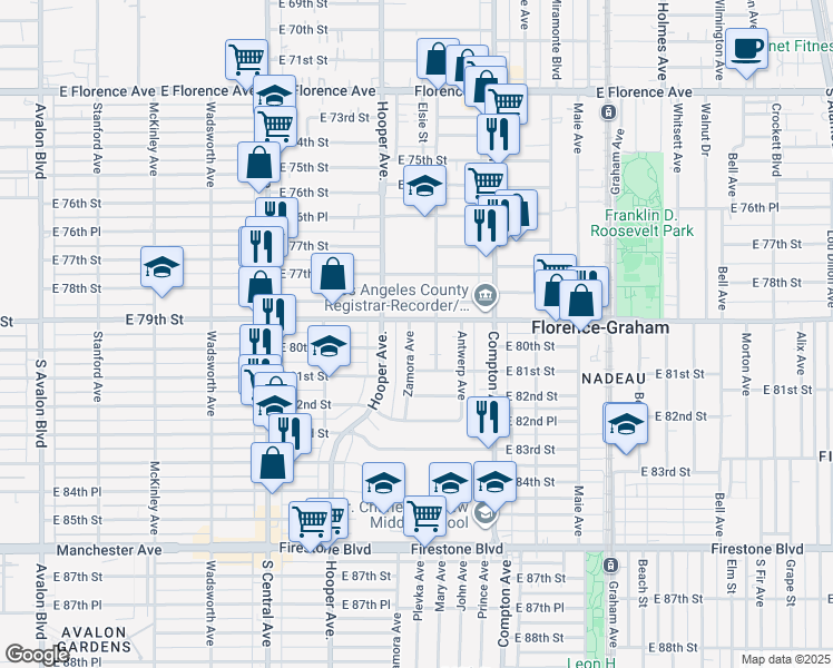 map of restaurants, bars, coffee shops, grocery stores, and more near 1331 Nadeau Street in Los Angeles