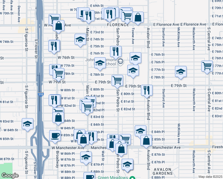 map of restaurants, bars, coffee shops, grocery stores, and more near 238 East 79th Street in Los Angeles