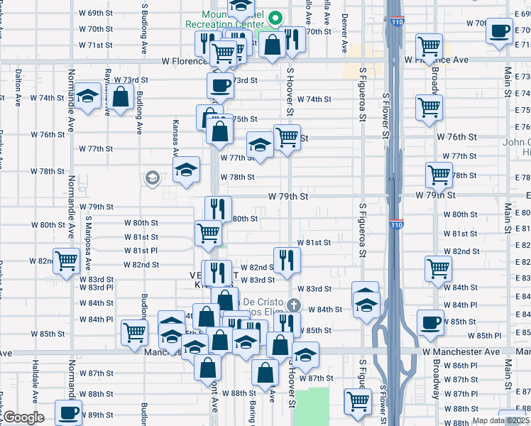 map of restaurants, bars, coffee shops, grocery stores, and more near 840 West 79th Street in Los Angeles