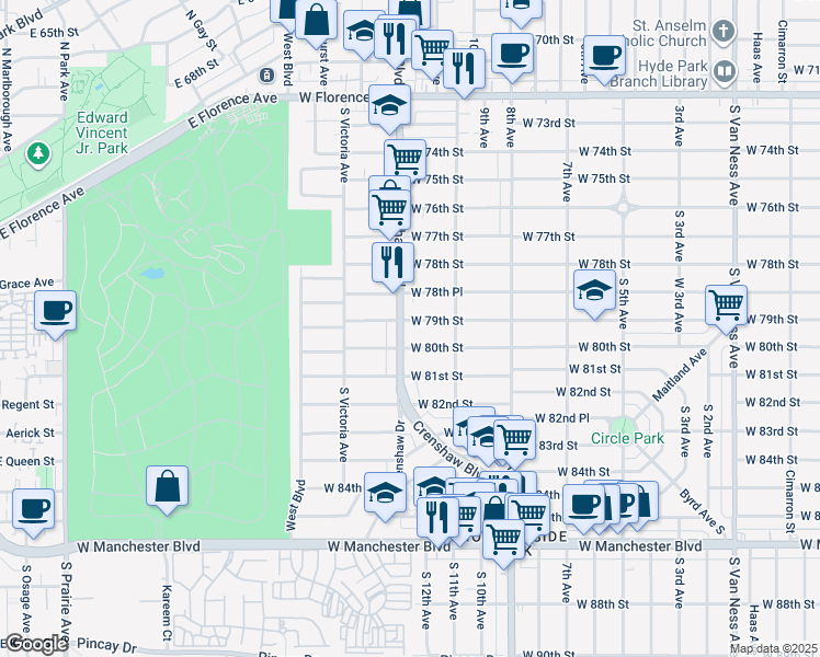 map of restaurants, bars, coffee shops, grocery stores, and more near 7872 Crenshaw Boulevard in Los Angeles