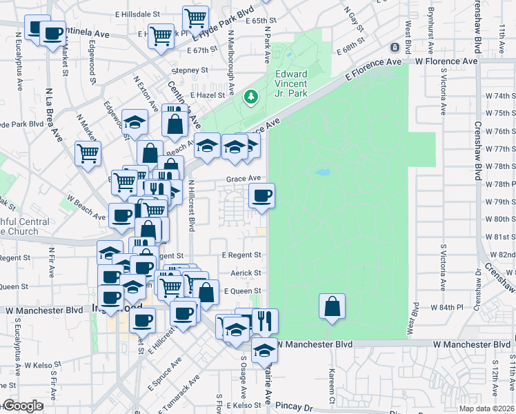map of restaurants, bars, coffee shops, grocery stores, and more near in Inglewood