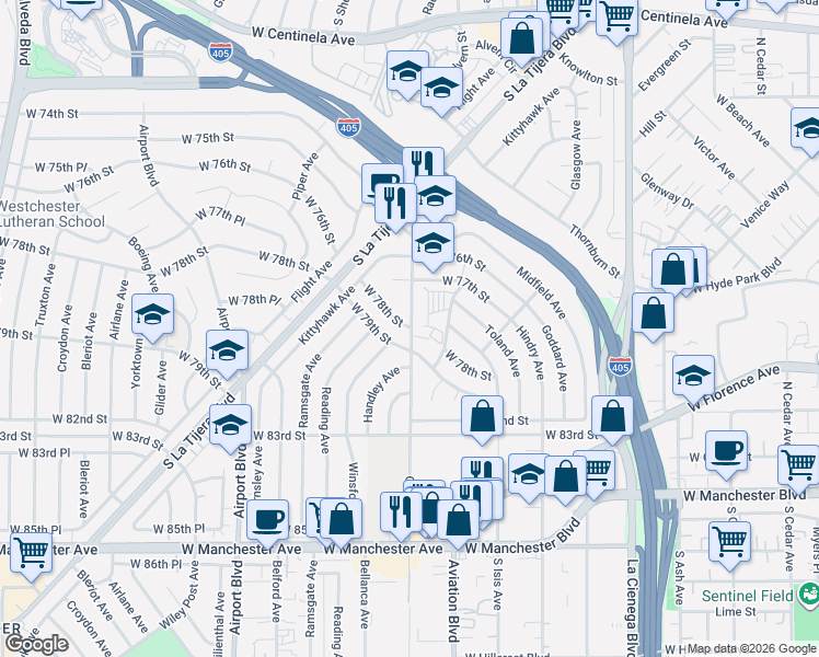 map of restaurants, bars, coffee shops, grocery stores, and more near 7731 Osage Avenue in Los Angeles
