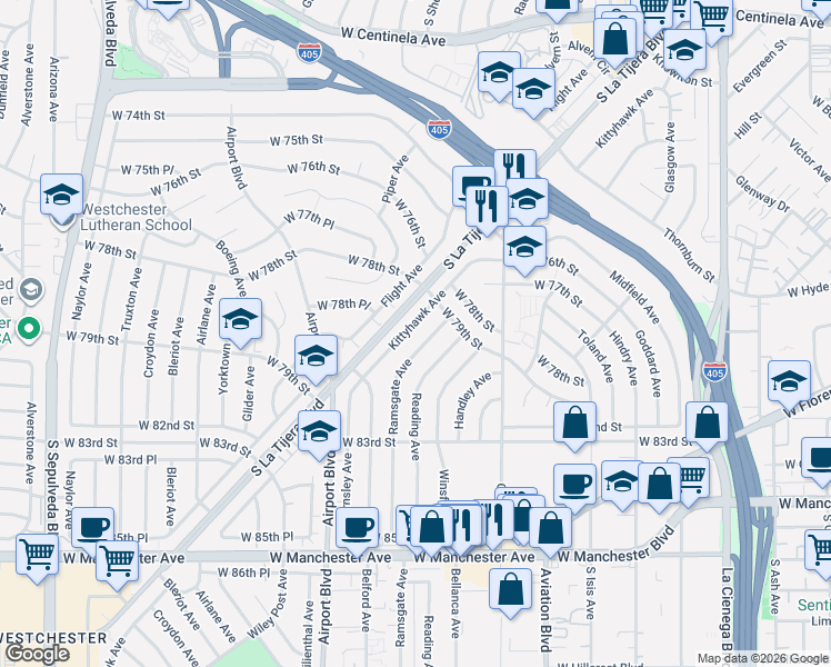 map of restaurants, bars, coffee shops, grocery stores, and more near 7808 Kittyhawk Avenue in Los Angeles