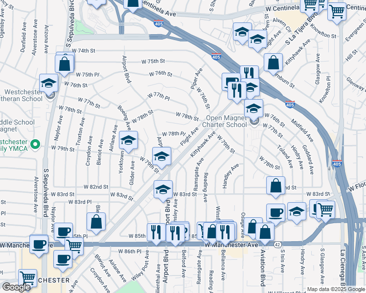 map of restaurants, bars, coffee shops, grocery stores, and more near 7843 1/2 Flight Avenue in Los Angeles
