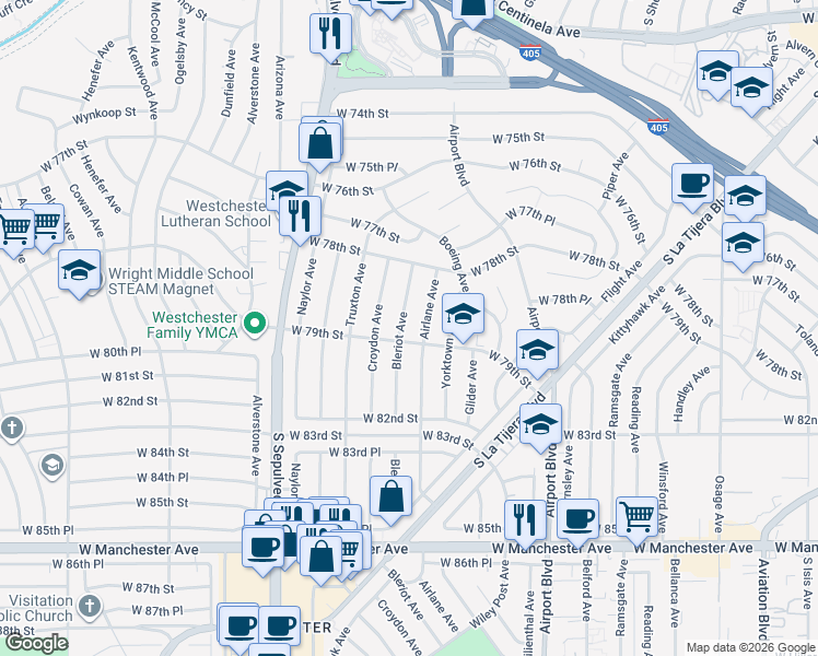 map of restaurants, bars, coffee shops, grocery stores, and more near 7855 Airlane Avenue in Los Angeles