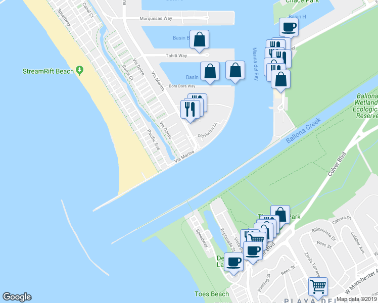 map of restaurants, bars, coffee shops, grocery stores, and more near 146 Channel Pointe Court in Marina del Rey